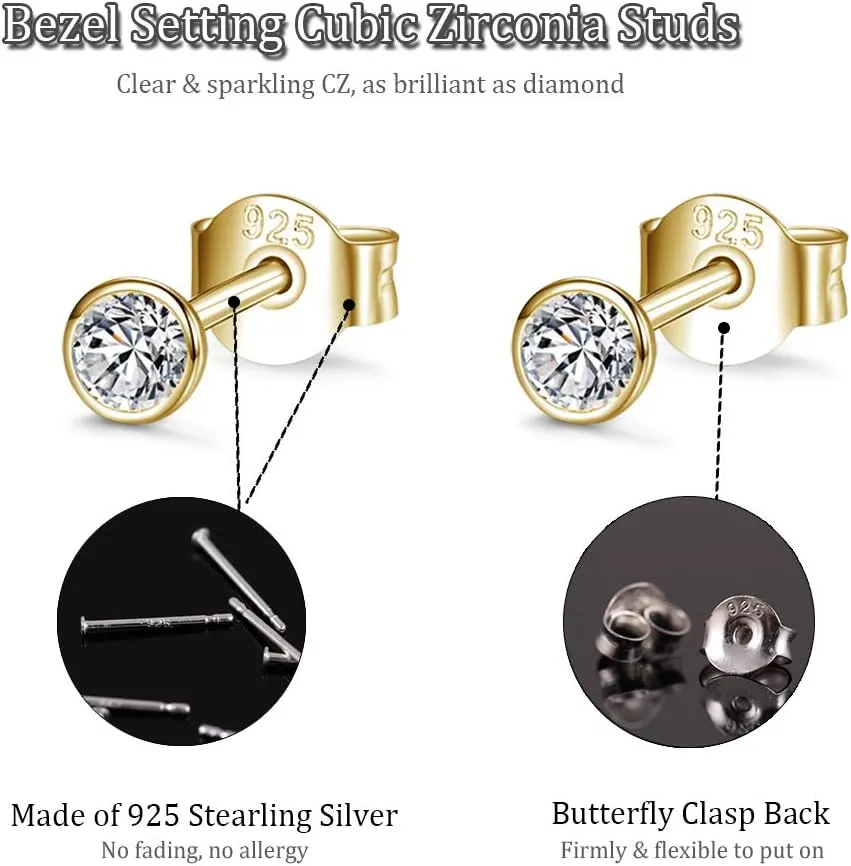 EPIRORA Sterling Silver Stud Earrings for Women Men- 3 Pairs of Tiny Round Cubic Zirconia Earrings CZ Small Cartilage Tragus Earrings(2mm/3mm/4mm)