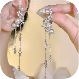Fashionable Lightweight Fake Pearl Ear Cuff Earrings with Long Tassel Dangle Non - Piercing Clip - On Women's Elegant Party Jewelry Gift