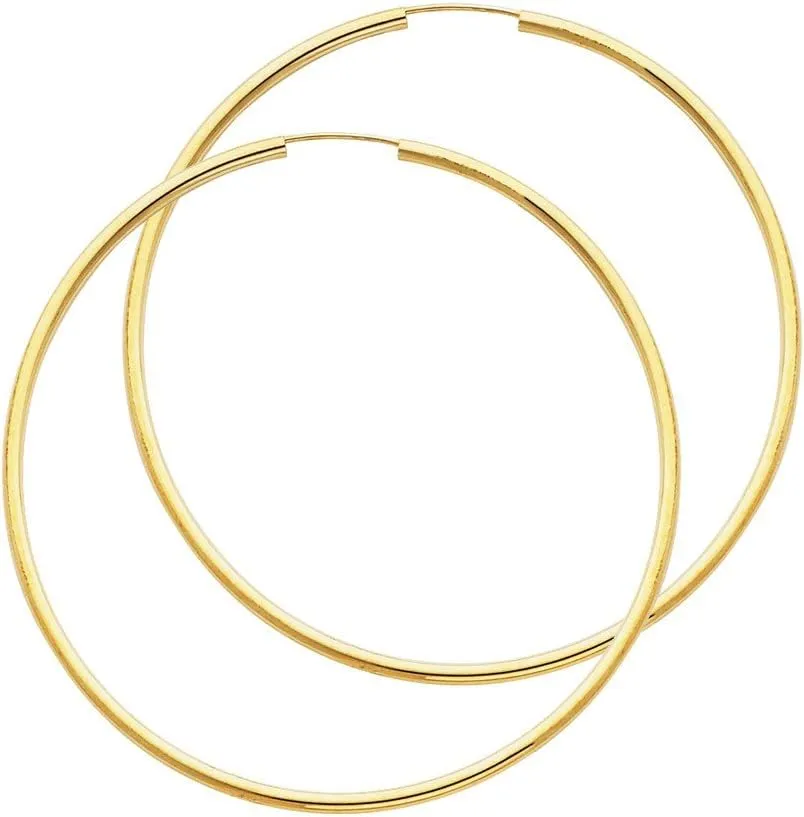 Galaxy Gold GG 14k Solid Yellow Gold Endless Loop Hoop Timeless Earrings 2 mm Gauge/Thickness Available in Multiple Diameters -