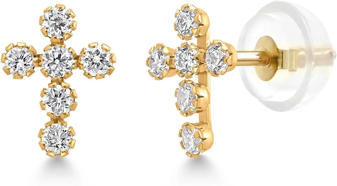 Gem Stone King 14K Gold Cross Stud Earrings | Jesus Christian Religious Crucifix Jewelry Earrings | Lab Grown Diamond Created Ruby or Created Sapphire Gold Earrings For Women Men