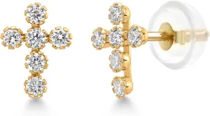 Gem Stone King 14K Gold Cross Stud Earrings | Jesus Christian Religious Crucifix Jewelry Earrings | Lab Grown Diamond Created Ruby or Created Sapphire Gold Earrings For Women Men