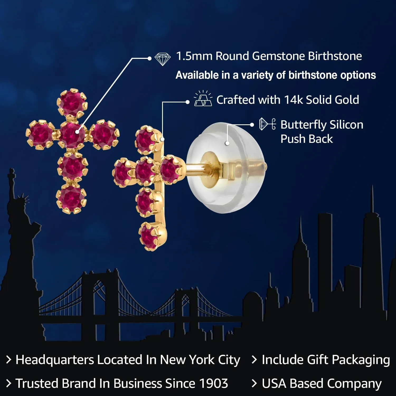 Gem Stone King 14K Gold Cross Stud Earrings | Jesus Christian Religious Crucifix Jewelry Earrings | Lab Grown Diamond Created Ruby or Created Sapphire Gold Earrings For Women Men