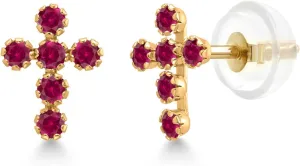 Gem Stone King 14K Gold Cross Stud Earrings | Jesus Christian Religious Crucifix Jewelry Earrings | Lab Grown Diamond Created Ruby or Created Sapphire Gold Earrings For Women Men