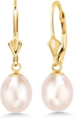 Gem Stone King 14K Yellow Gold 9MM Cultured Freshwater Pearl Dangle Earrings For Women