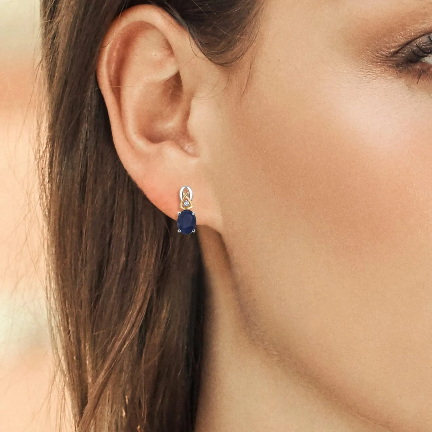 Gem Stone King 925 Sterling Silver and 10K Yellow Gold 7X5MM Oval Gemstone Birthstone and Lab Grown Diamond Earrings For Women