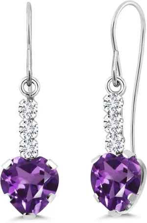 Gem Stone King 925 Sterling Silver Purple Amethyst and White Diamond French Wire Dangle Earrings For Women (1.68 Cttw, Gemstone February Birthstone, Heart Shape 6MM)