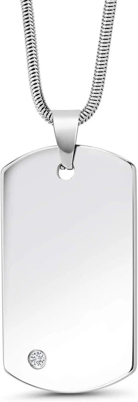Gem Stone King Personalized Tungsten Carbide Solid Polished Dog Tag Pendant Necklace with Lab Grown Diamond - Custom Engravable, Durable and Stylish Jewelry with 24 Inch Chain