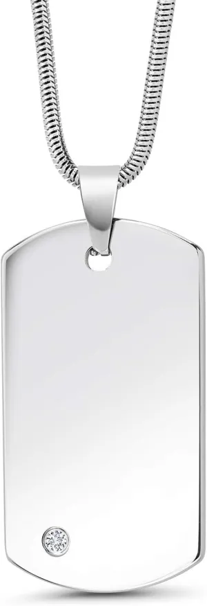 Gem Stone King Personalized Tungsten Carbide Solid Polished Dog Tag Pendant Necklace with Lab Grown Diamond - Custom Engravable, Durable and Stylish Jewelry with 24 Inch Chain