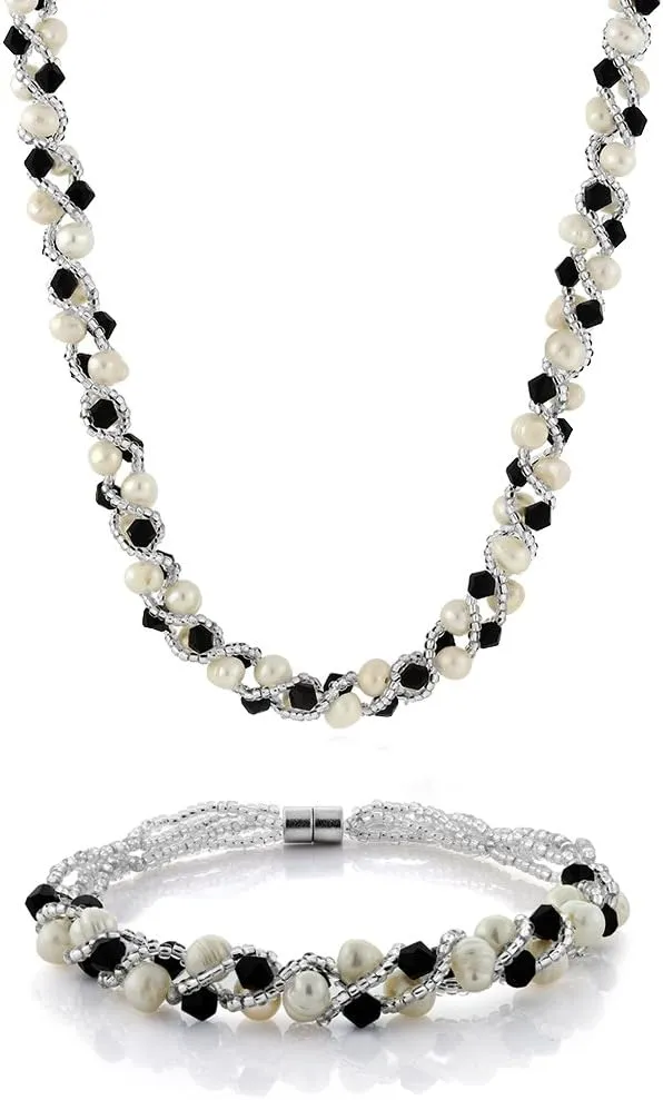Gem Stone King White Cultured Freshwater Pearl and Black Crystal Necklace Bracelet Wedding Jewelry Set For Women | Necklace 17 Inch | Bracelet 7 Inch