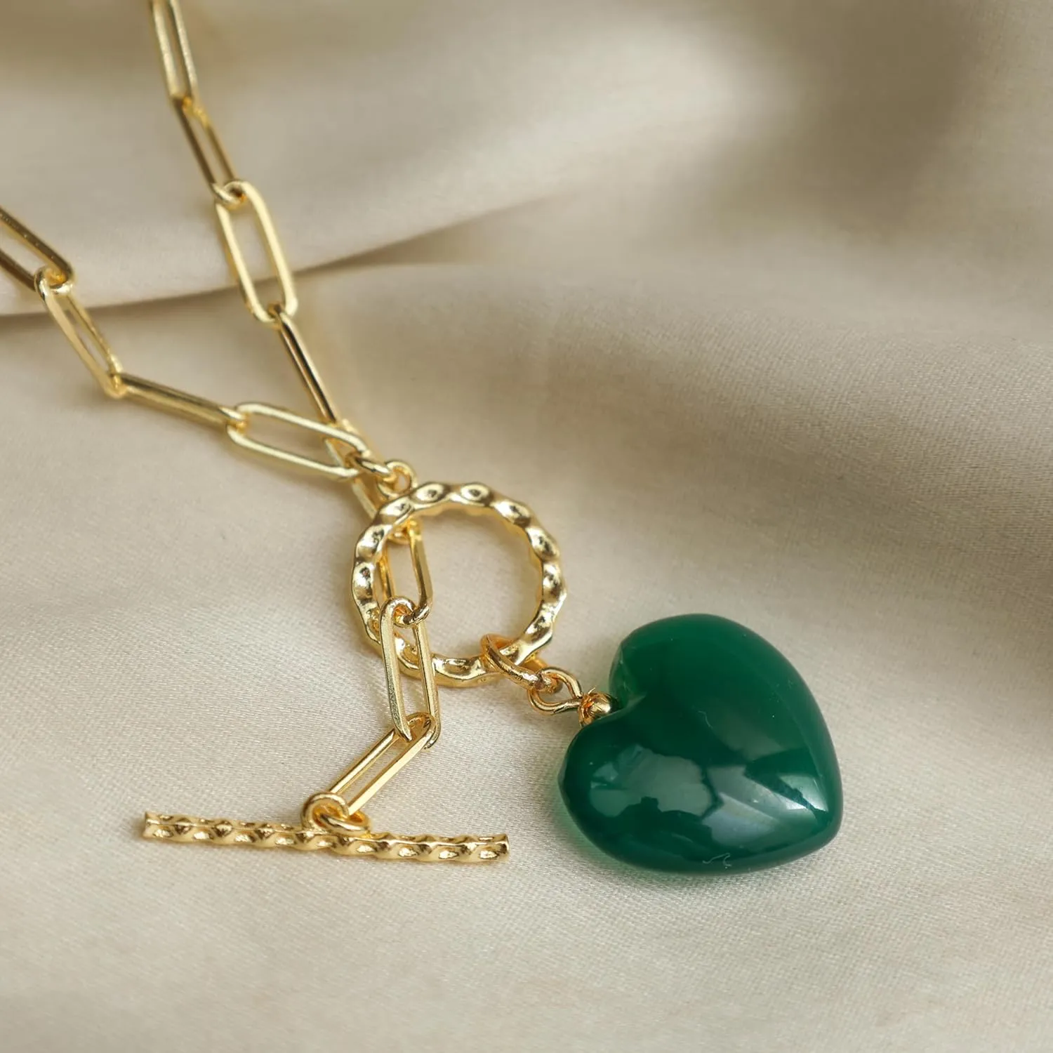 Gempires 20mm Gemstone Heart Pendant Necklace with Gold Paperclip Chain and Toggle Lock Stylish Dainty Jewelry for Women Gift for Mom Wife Girlfriend