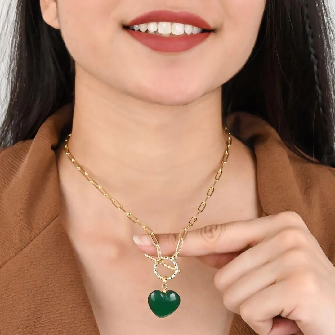Gempires 20mm Gemstone Heart Pendant Necklace with Gold Paperclip Chain and Toggle Lock Stylish Dainty Jewelry for Women Gift for Mom Wife Girlfriend