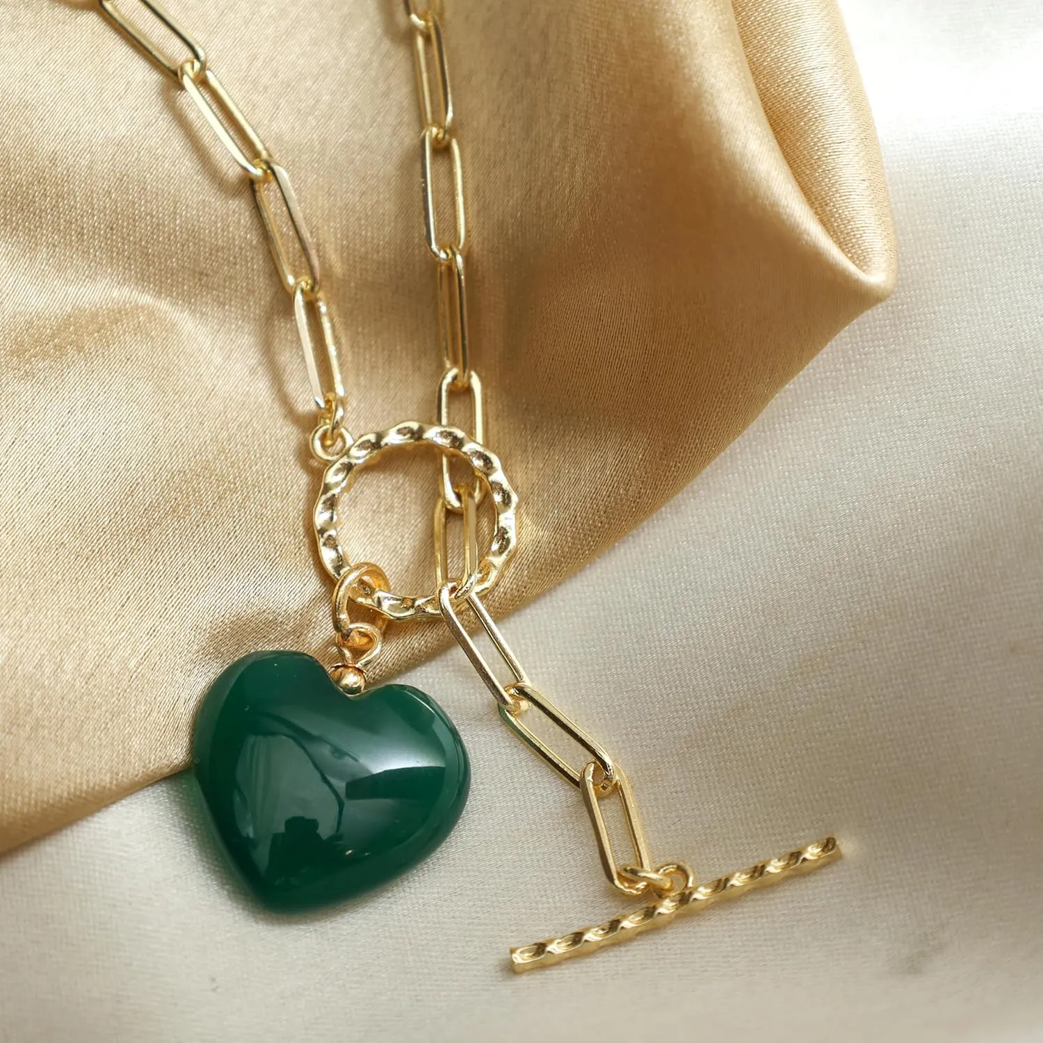 Gempires 20mm Gemstone Heart Pendant Necklace with Gold Paperclip Chain and Toggle Lock Stylish Dainty Jewelry for Women Gift for Mom Wife Girlfriend