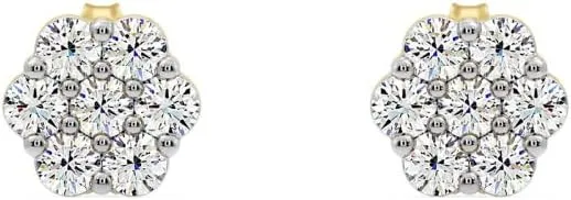 Gilded 7-Stone Flower shaped Lab-Grown Diamond stud Earrings, F Color SI1, Sterling Silver & 14K Gold Plated Silver, Prong Setting, Push Back
