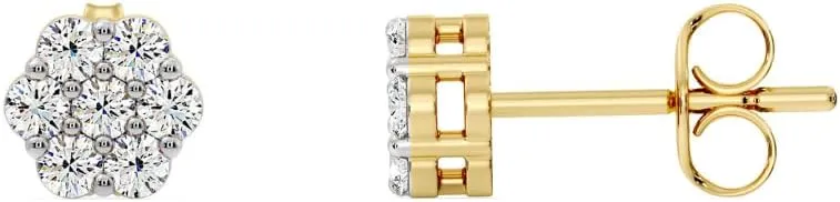 Gilded 7-Stone Flower shaped Lab-Grown Diamond stud Earrings, F Color SI1, Sterling Silver & 14K Gold Plated Silver, Prong Setting, Push Back
