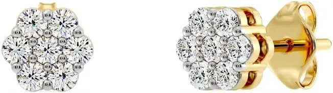 Gilded 7-Stone Flower shaped Lab-Grown Diamond stud Earrings, F Color SI1, Sterling Silver & 14K Gold Plated Silver, Prong Setting, Push Back