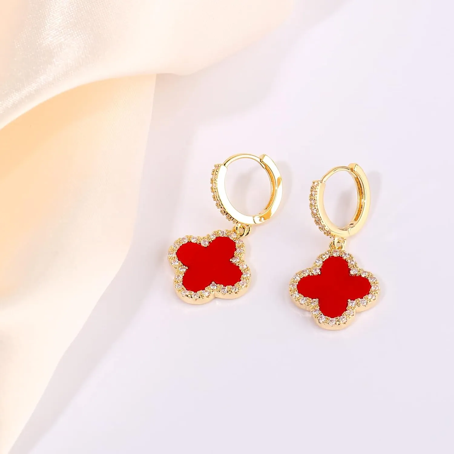Gold Dangle Earrings, 14K Gold Plated Small Huggie Hoop Earrings with Clover Charms, Dainty Drop Dangle Earrings for Women