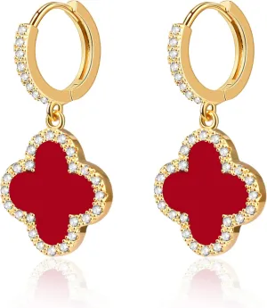 Gold Dangle Earrings, 14K Gold Plated Small Huggie Hoop Earrings with Clover Charms, Dainty Drop Dangle Earrings for Women