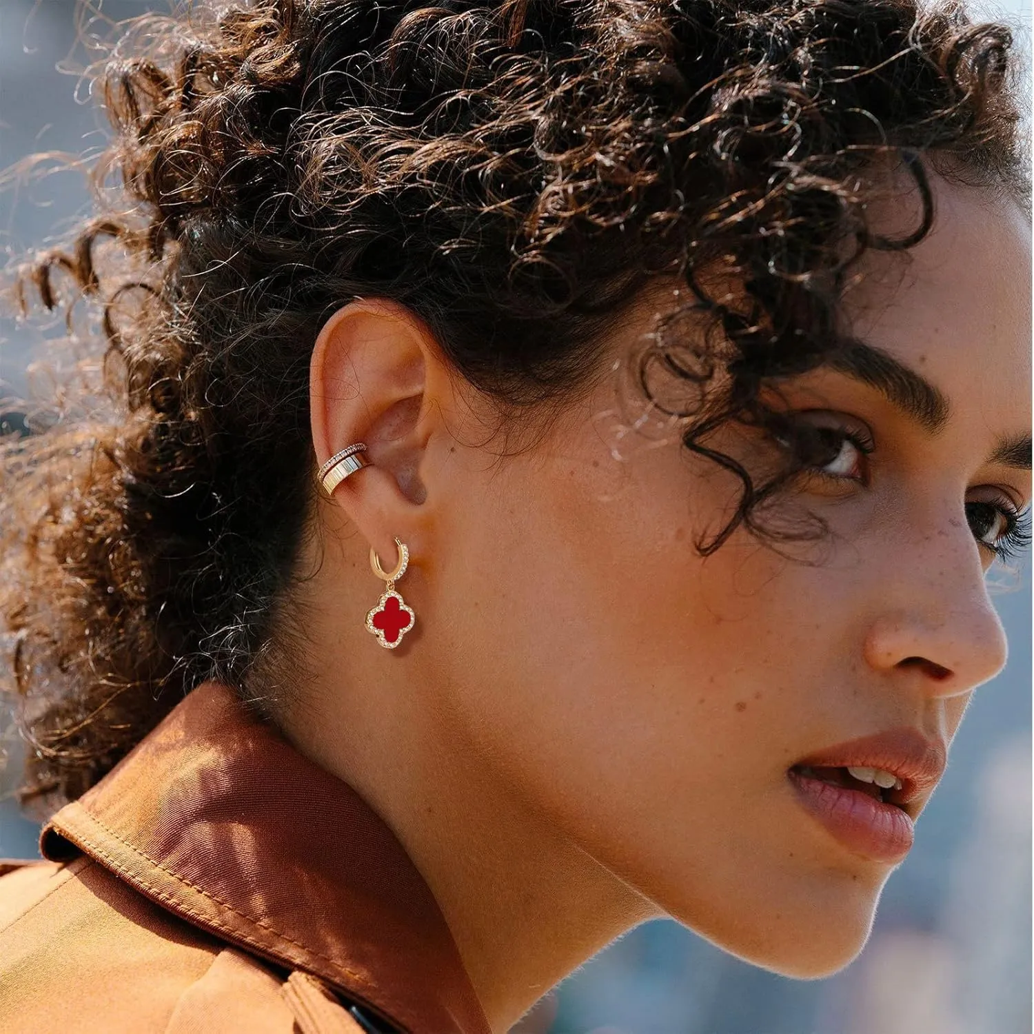 Gold Dangle Earrings, 14K Gold Plated Small Huggie Hoop Earrings with Clover Charms, Dainty Drop Dangle Earrings for Women