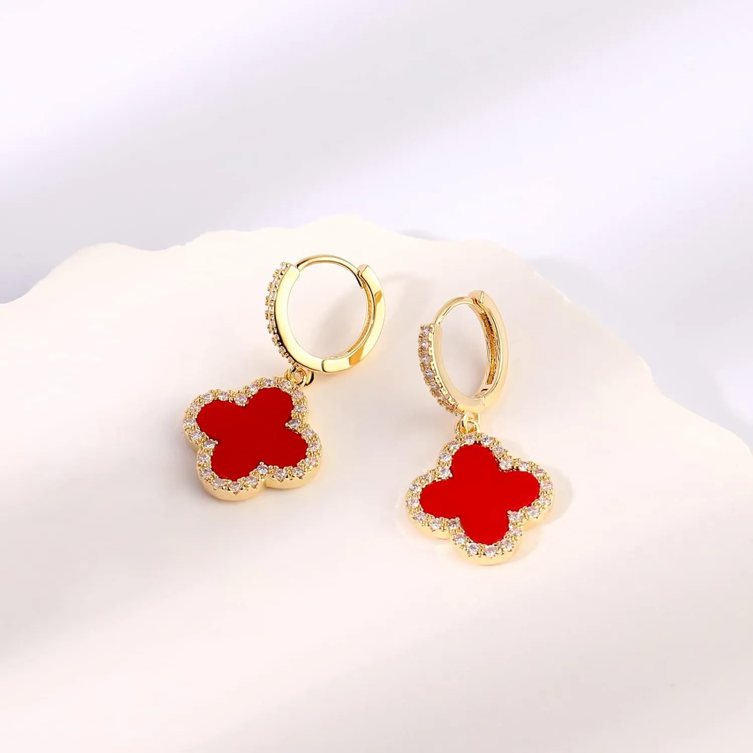 Gold Dangle Earrings, 14K Gold Plated Small Huggie Hoop Earrings with Clover Charms, Dainty Drop Dangle Earrings for Women
