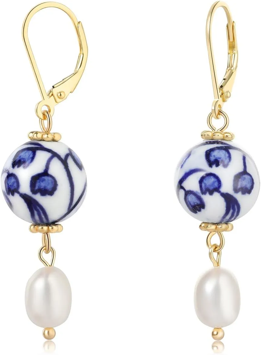Hand-Painted Blue and White Porcelain Earrings  Freshwater Pearl Drop, 925 Sterling Silver, Vintage Lily of the Valley Design, Ideal for Mothers Day & Birthdays