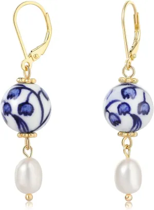 Hand-Painted Blue and White Porcelain Earrings  Freshwater Pearl Drop, 925 Sterling Silver, Vintage Lily of the Valley Design, Ideal for Mothers Day & Birthdays