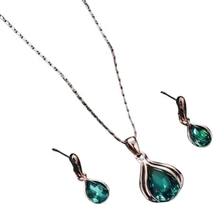 Jewelry sets for women 3pcs/set Water Drop Shape Green Color Imitation Crystal Pendant Necklace Earrings Elegant - N06