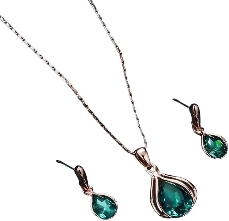Jewelry sets for women 3pcs/set Water Drop Shape Green Color Imitation Crystal Pendant Necklace Earrings Elegant - N06