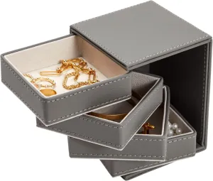 Juvale 4 Layer Rotating Jewelry Organizer for Men & Women, Small Faux Leather Box for Necklaces, Rings, Earrings, Bracelets (Gray, 4 x 5 Inch) - Jewelry Boxes & Organizers