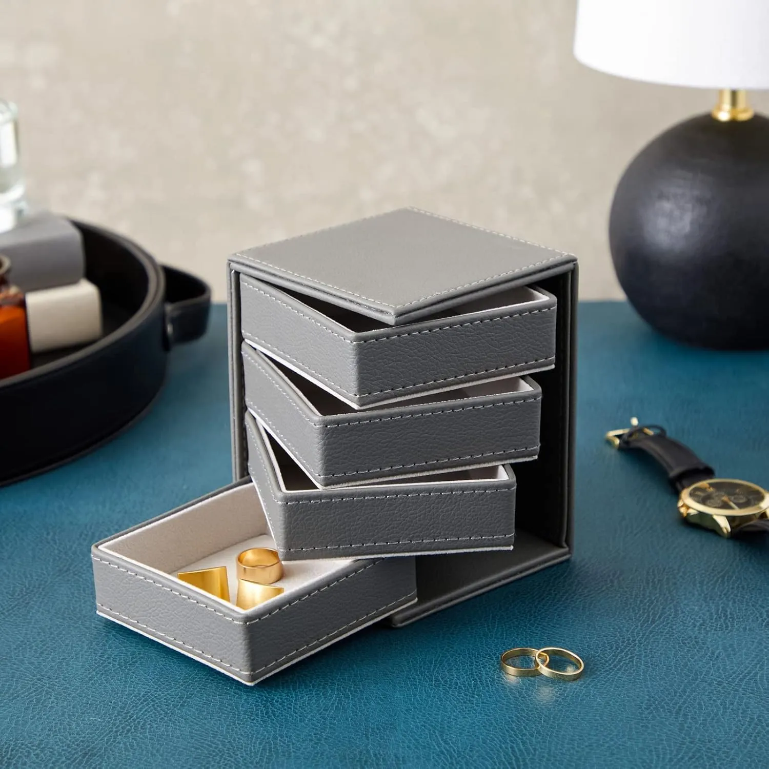 Juvale 4 Layer Rotating Jewelry Organizer for Men & Women, Small Faux Leather Box for Necklaces, Rings, Earrings, Bracelets (Gray, 4 x 5 Inch) - Jewelry Boxes & Organizers