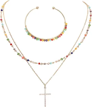 Layered Cross Dainty Multicolour Beaded Necklace and Bracelet Jewelry Set Simple Cross Faith Pendant Collar Necklaces