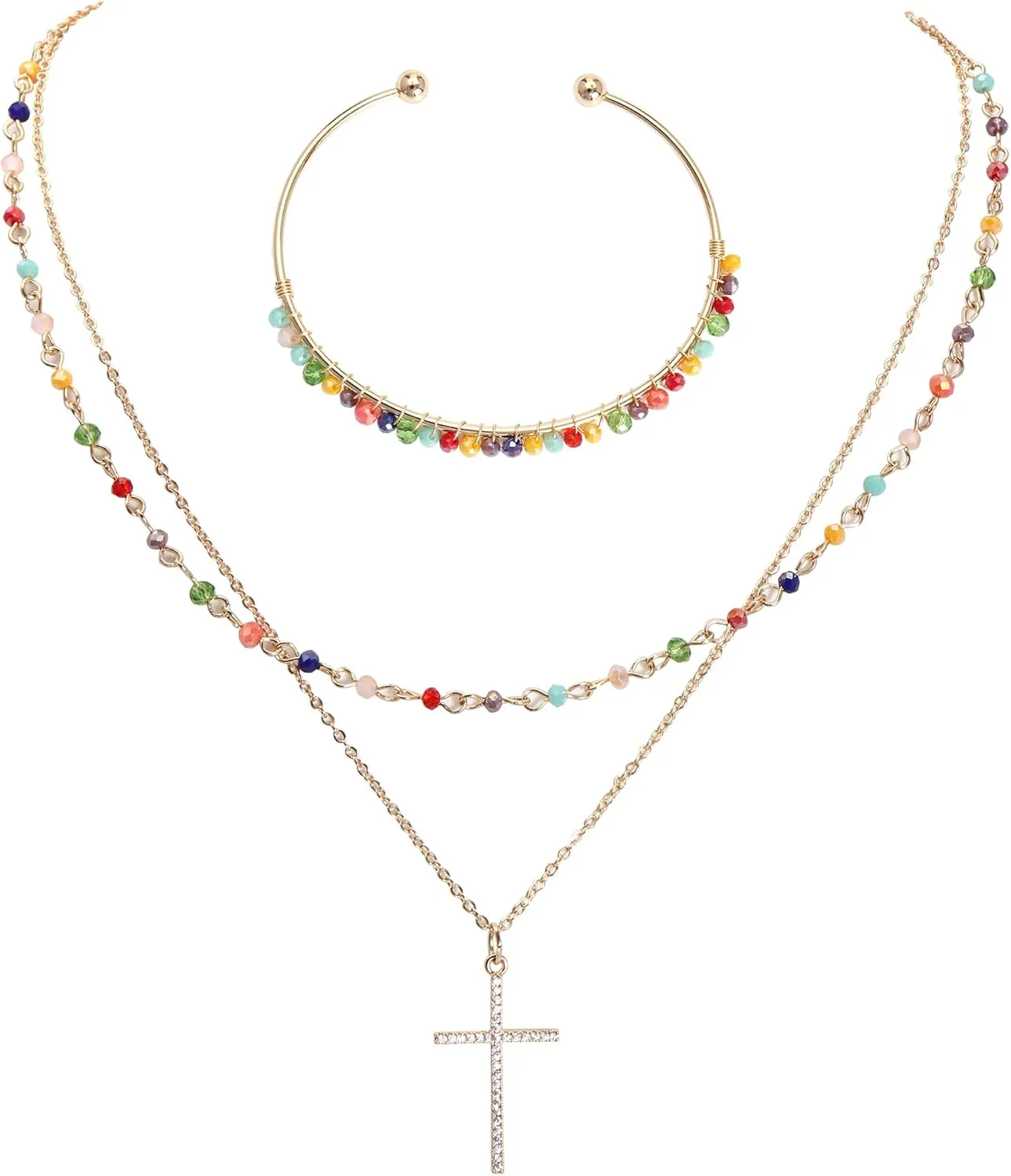 Layered Cross Dainty Multicolour Beaded Necklace and Bracelet Jewelry Set Simple Cross Faith Pendant Collar Necklaces