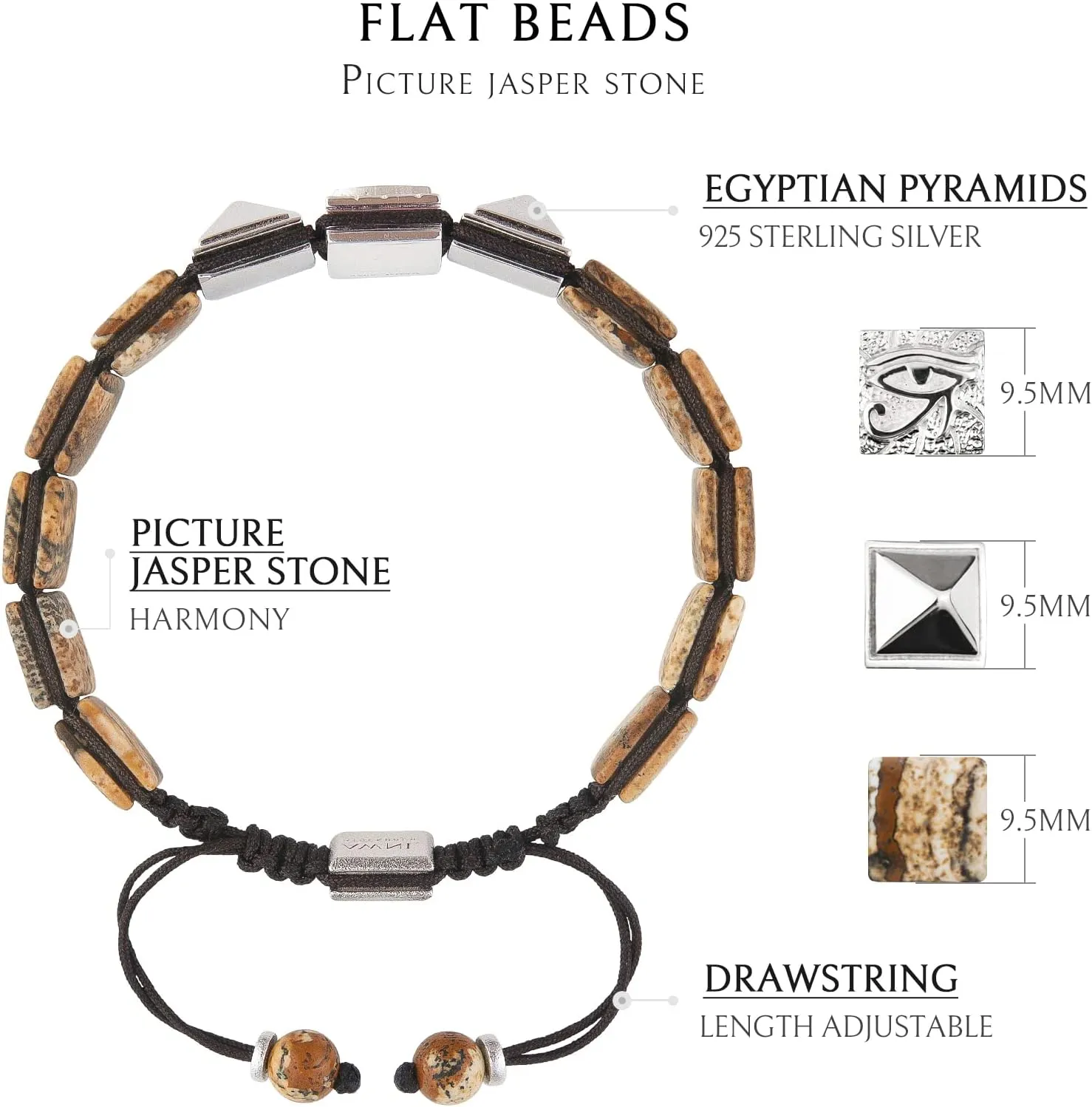 Men's Flatbead Bracelet with Sterling Silver Centre Charm Braided Bracelet Natural Gemstones Gift for Men (9.5mm Stone), 5.7"-7.5"