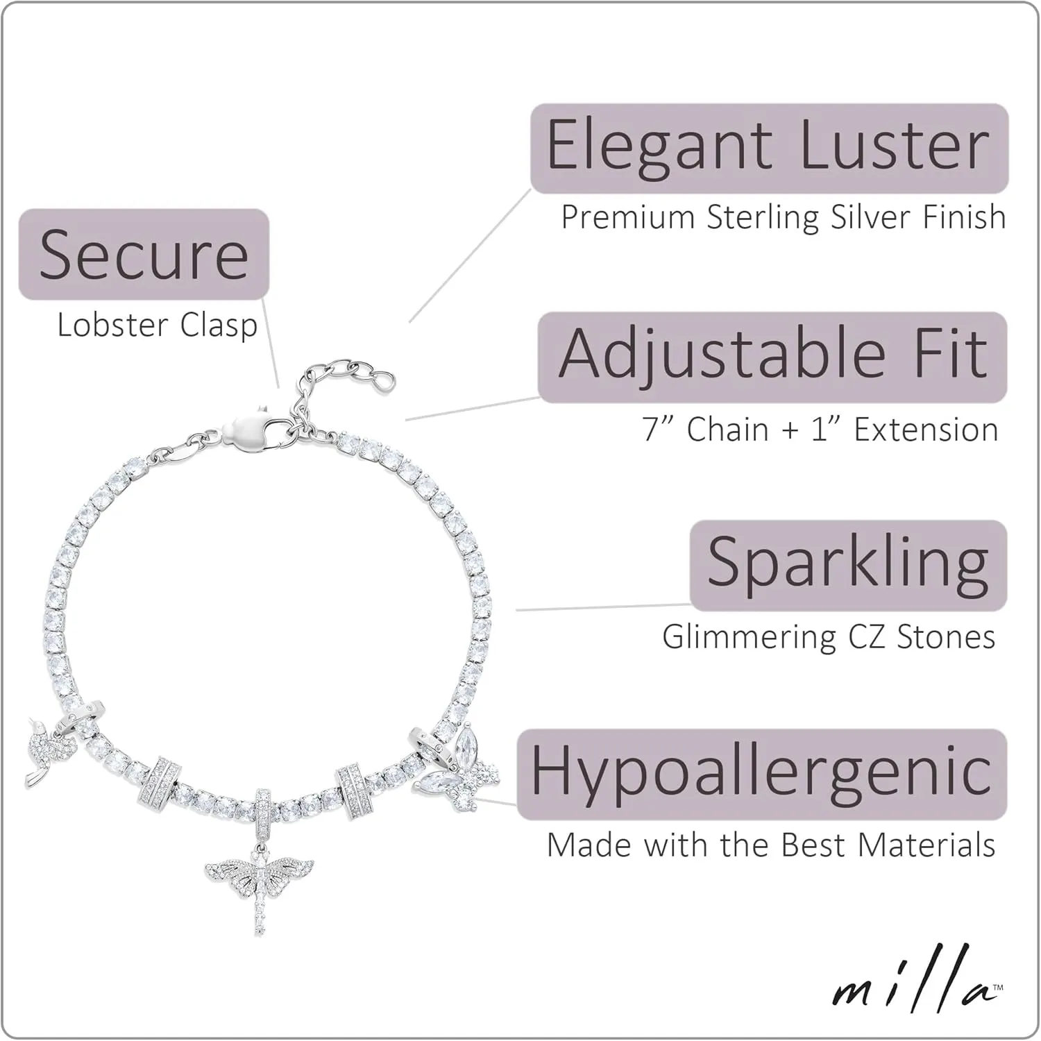 Milla Charm Bracelet and Tennis Bracelets for Women - Lobster Claw Clasp - 7 inches   1 inch extension - 14K Gold Plated or Sterling Silver Plated