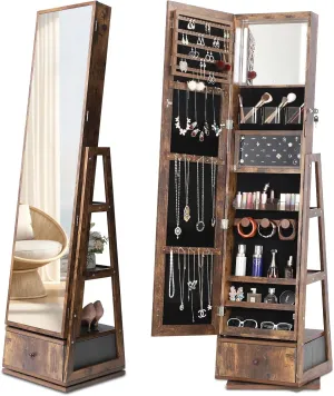 Nicetree 360 Rotating Jewelry Cabinet with Lights, Full-Length Mirror Jewelry Armoire Organizer with Touch Screen Vanity Mirror, Storage Drawers & Shelves for Necklaces, Earrings, Rustic Brown