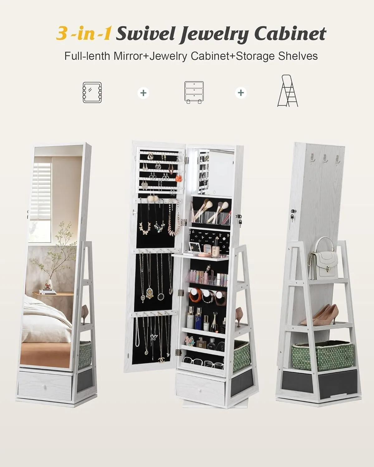 Nicetree 360 Rotating Jewelry Cabinet with Lights - Full-Length Mirror Jewelry Armoire Organizer with Touch Screen Vanity Mirror, Storage Drawers & Shelves for Necklaces, Earrings, White