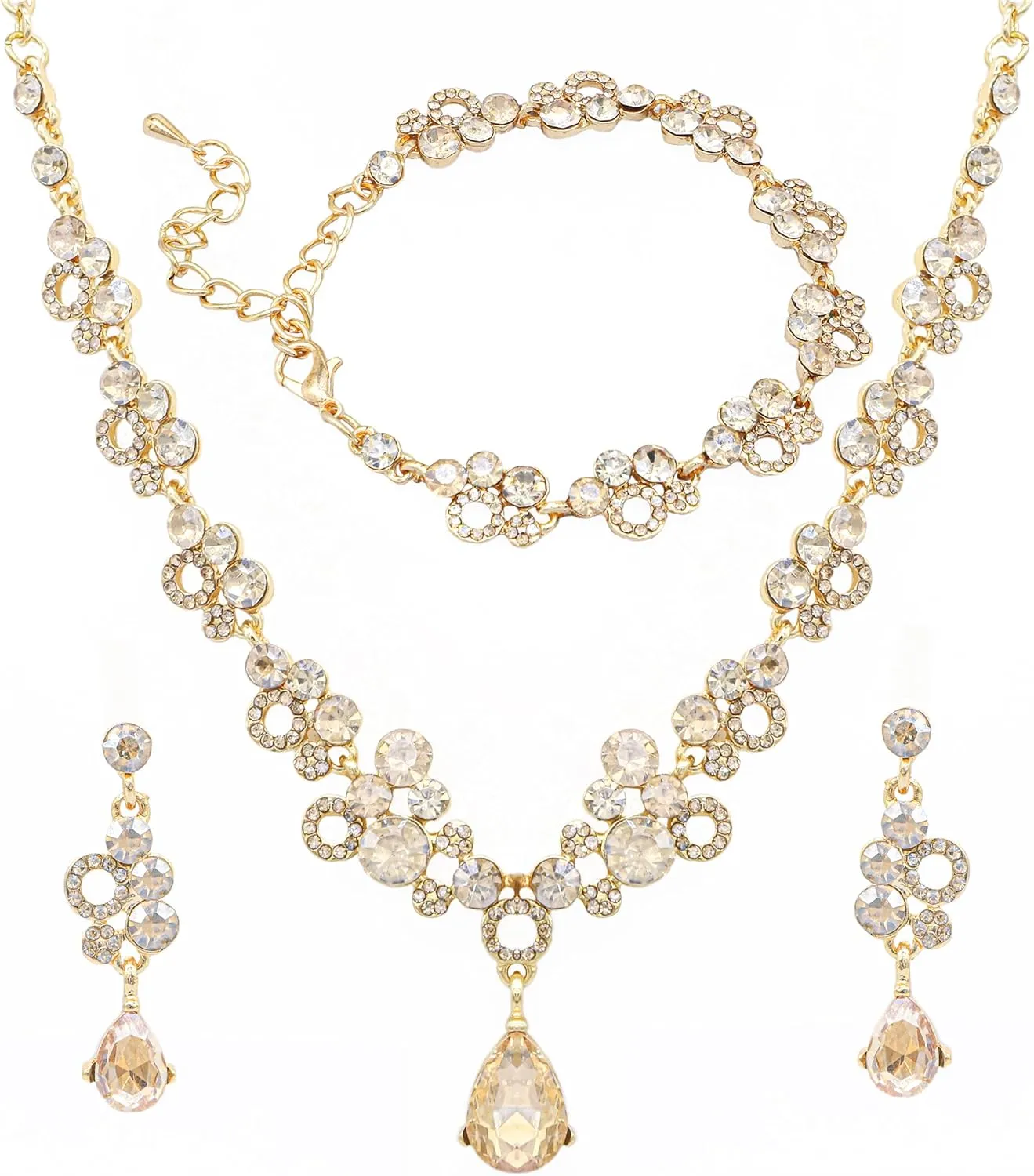 Oriamour Bridal Jewelry Set, Crystal Rhinestone Necklace Bracelet Earrings, Silver