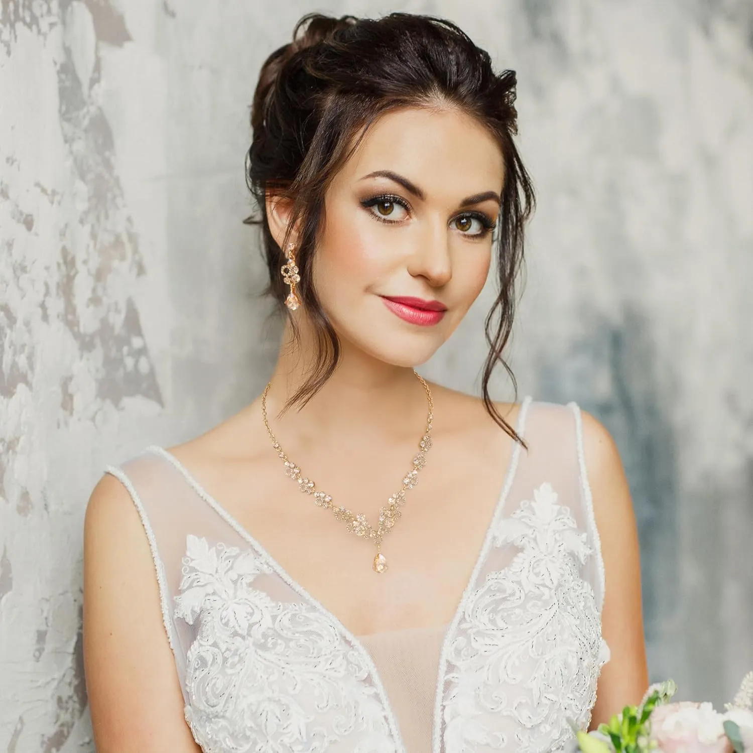 Oriamour Bridal Jewelry Set, Crystal Rhinestone Necklace Bracelet Earrings, Silver