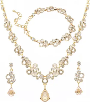 Oriamour Bridal Jewelry Set, Crystal Rhinestone Necklace Bracelet Earrings, Silver