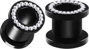 Pair of Black Acrylic flesh Screw-fit Tunnels Clear Crystal Piercing Jewelry Stretcher Ear Plugs Earring Lobe