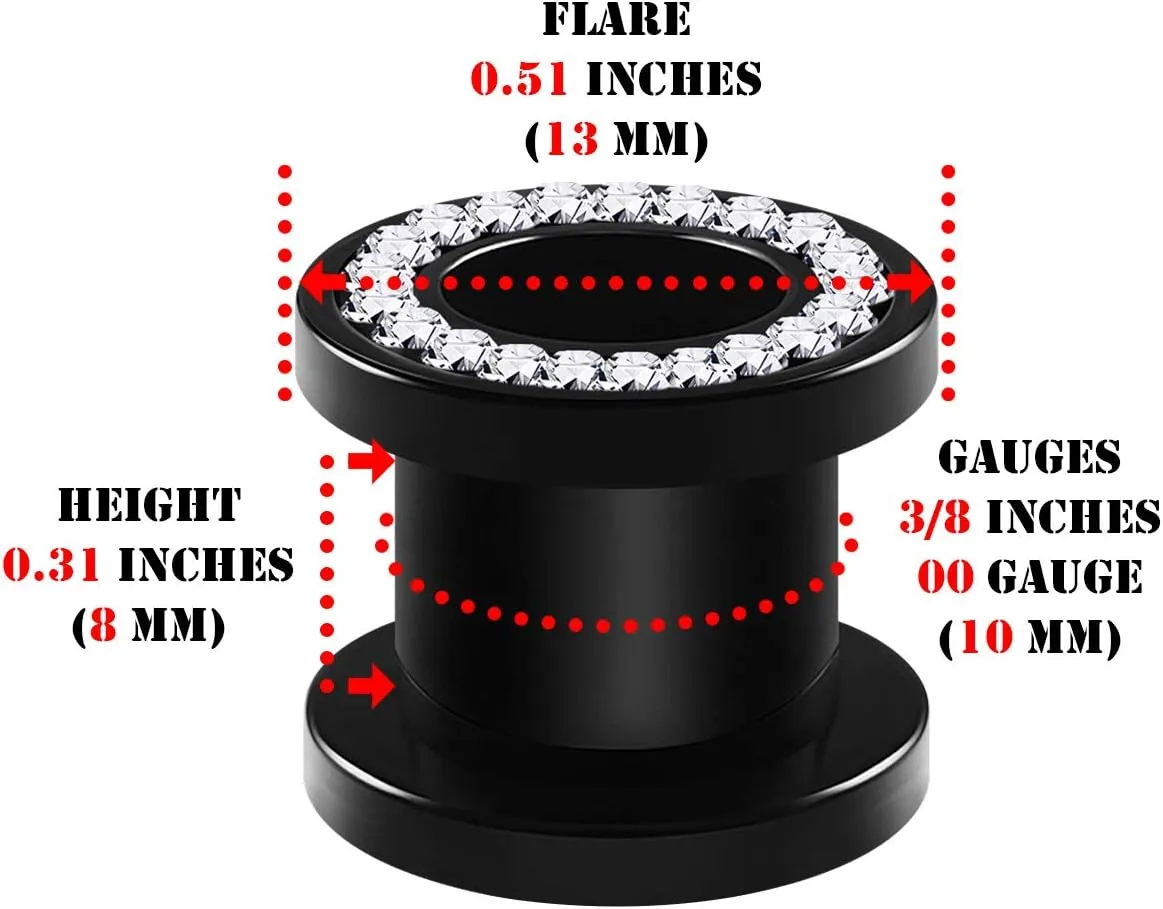 Pair of Black Acrylic flesh Screw-fit Tunnels Clear Crystal Piercing Jewelry Stretcher Ear Plugs Earring Lobe