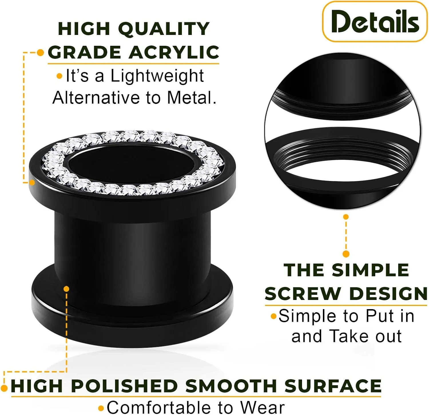Pair of Black Acrylic flesh Screw-fit Tunnels Clear Crystal Piercing Jewelry Stretcher Ear Plugs Earring Lobe