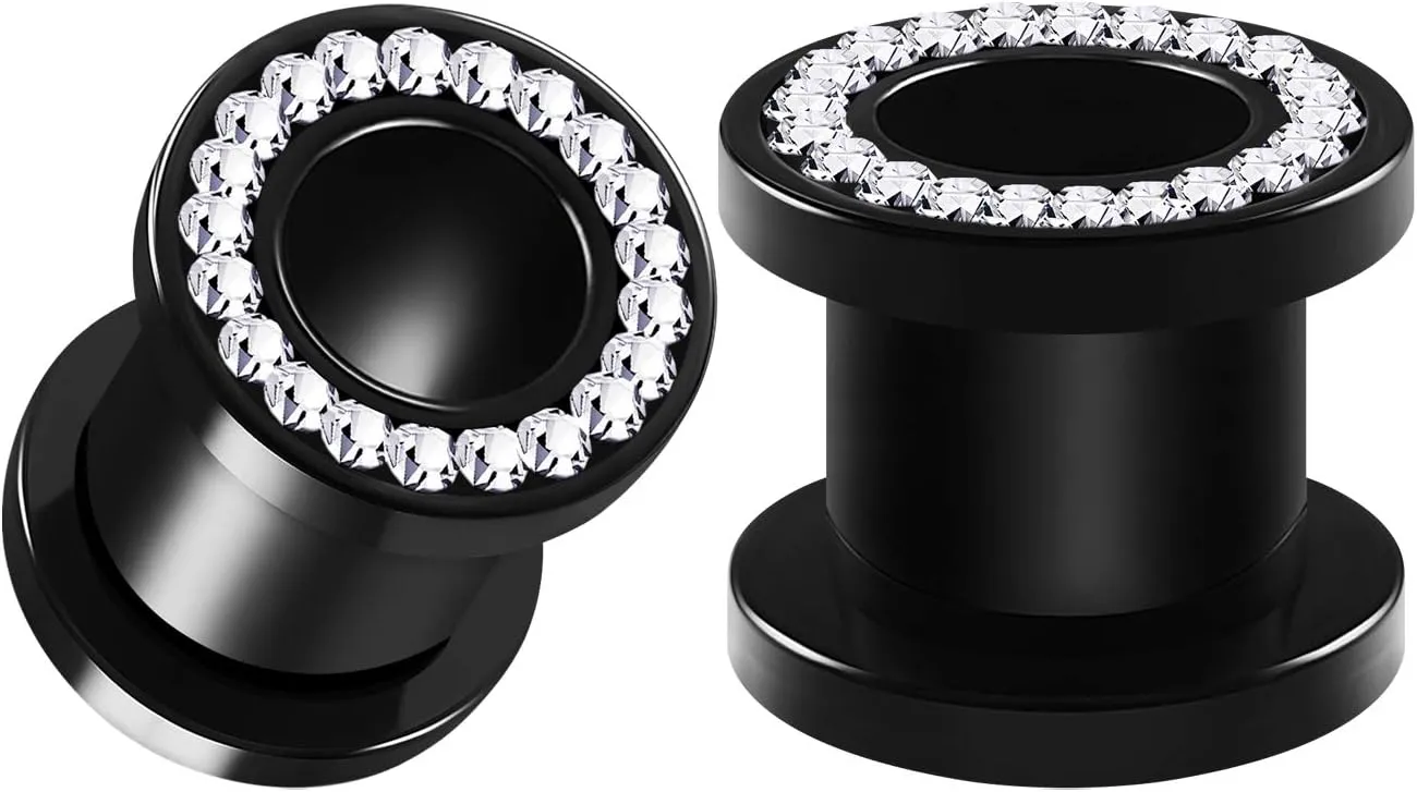 Pair of Black Acrylic flesh Screw-fit Tunnels Clear Crystal Piercing Jewelry Stretcher Ear Plugs Earring Lobe