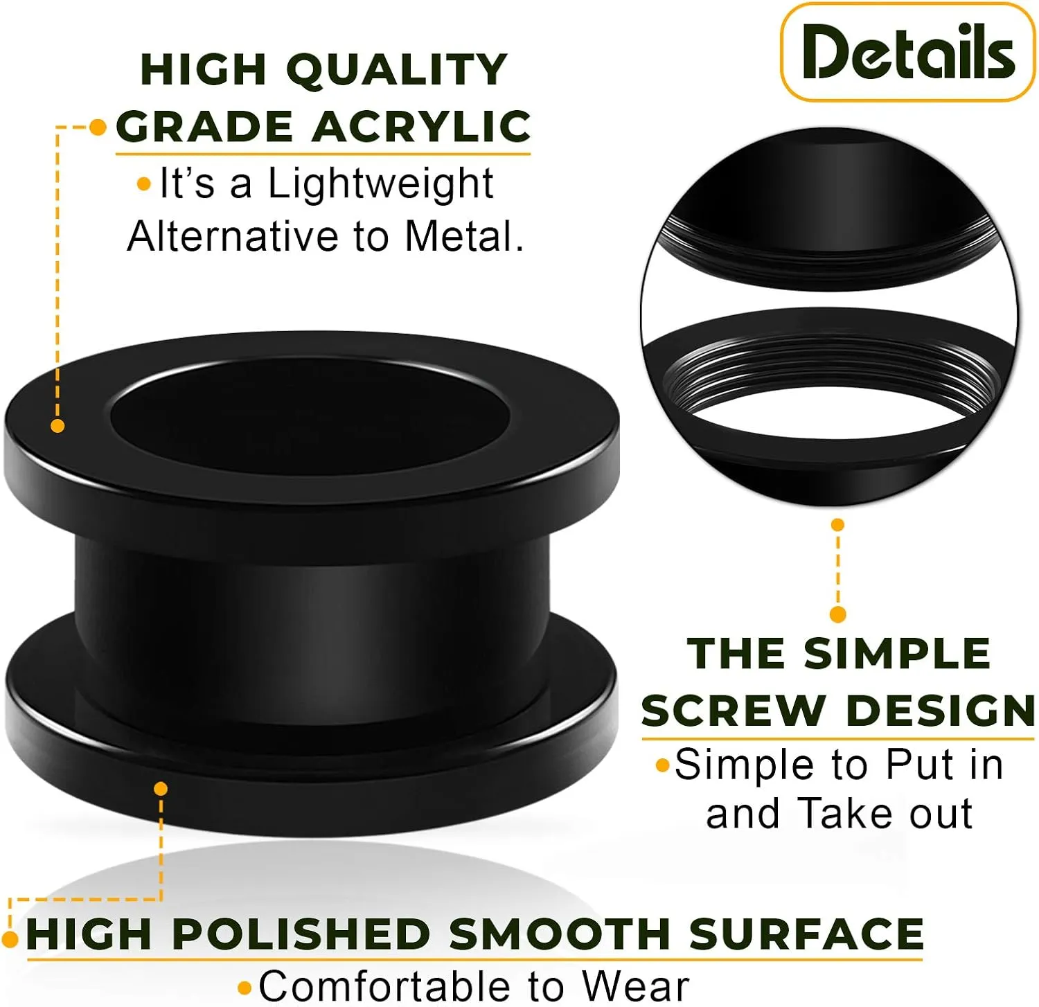 Pair of Black Acrylic flesh Tunnels external Piercing Jewelry Stretcher Screw-fit Ear Plugs Earring Lobe