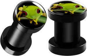 Pair of Black Acrylic Green Frog Logo Screw-Fit Flesh Tunnels Piercing Jewelry Stretcher Ear Earring Lobe Plugs
