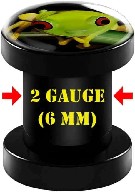 Pair of Black Acrylic Green Frog Logo Screw-Fit Flesh Tunnels Piercing Jewelry Stretcher Ear Earring Lobe Plugs