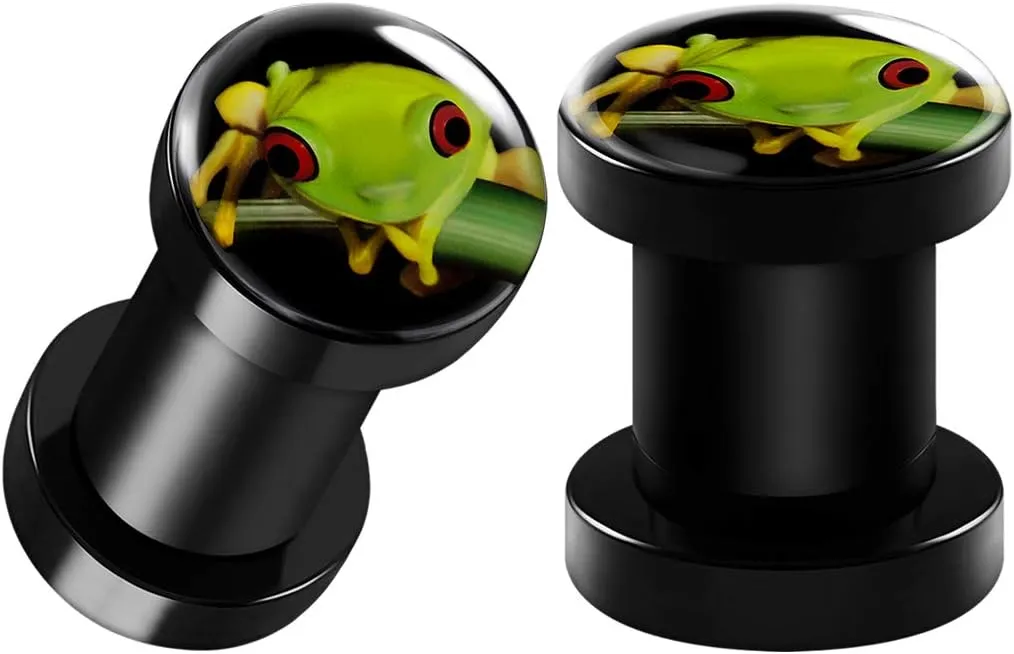 Pair of Black Acrylic Green Frog Logo Screw-Fit Flesh Tunnels Piercing Jewelry Stretcher Ear Earring Lobe Plugs