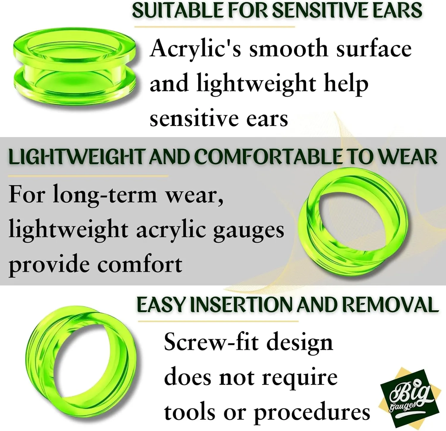 Pair of Green Acrylic flesh Tunnels External Piercing Jewelry Stretcher Screw-fit Ear Plugs Earring Lobe
