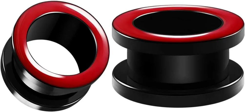 Pair of Red Acrylic flesh Tunnels Screw-fit colored rim Piercing Jewelry Stretcher Ear Plugs Earring Lobe