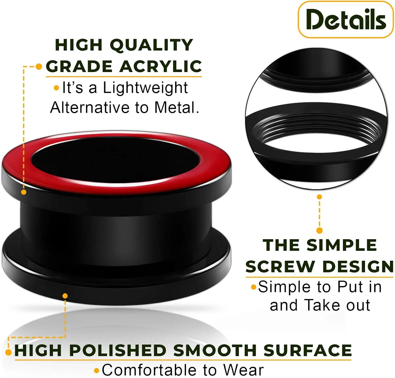 Pair of Red Acrylic flesh Tunnels Screw-fit colored rim Piercing Jewelry Stretcher Ear Plugs Earring Lobe