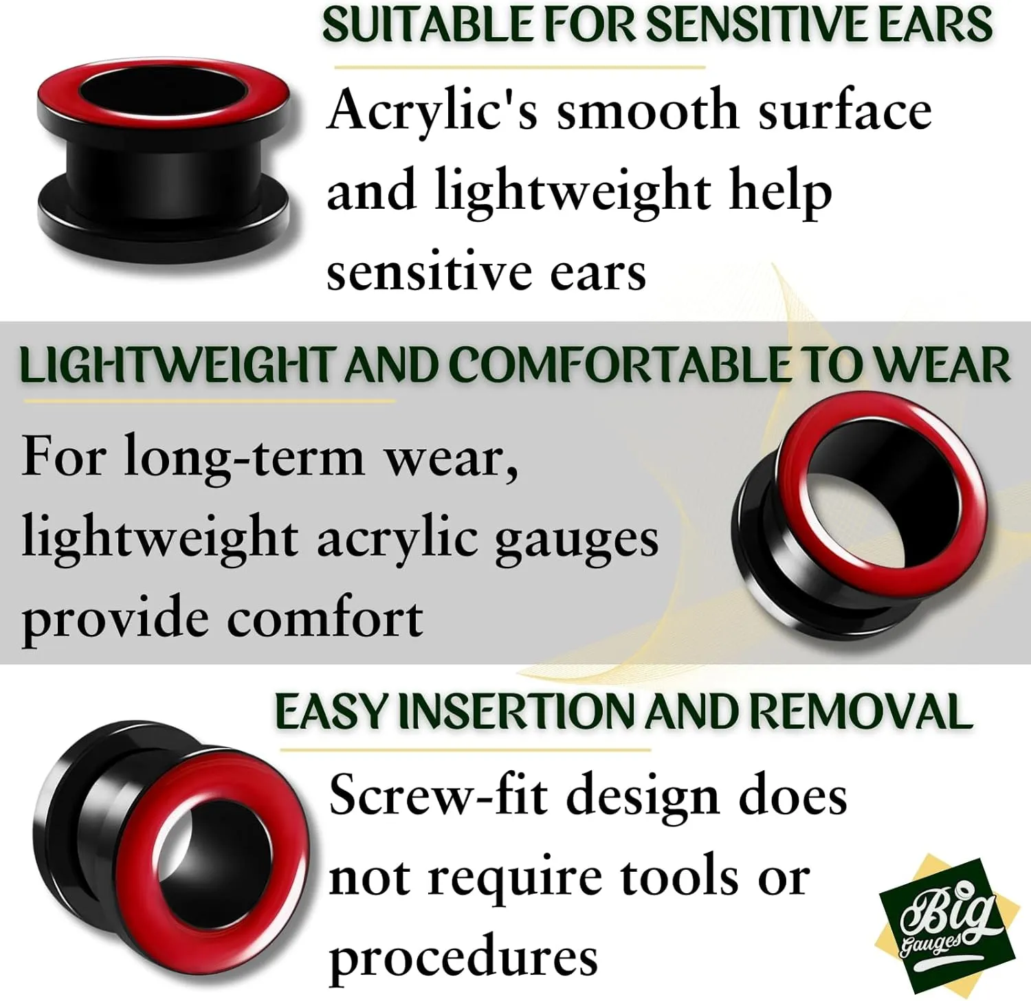 Pair of Red Acrylic flesh Tunnels Screw-fit colored rim Piercing Jewelry Stretcher Ear Plugs Earring Lobe